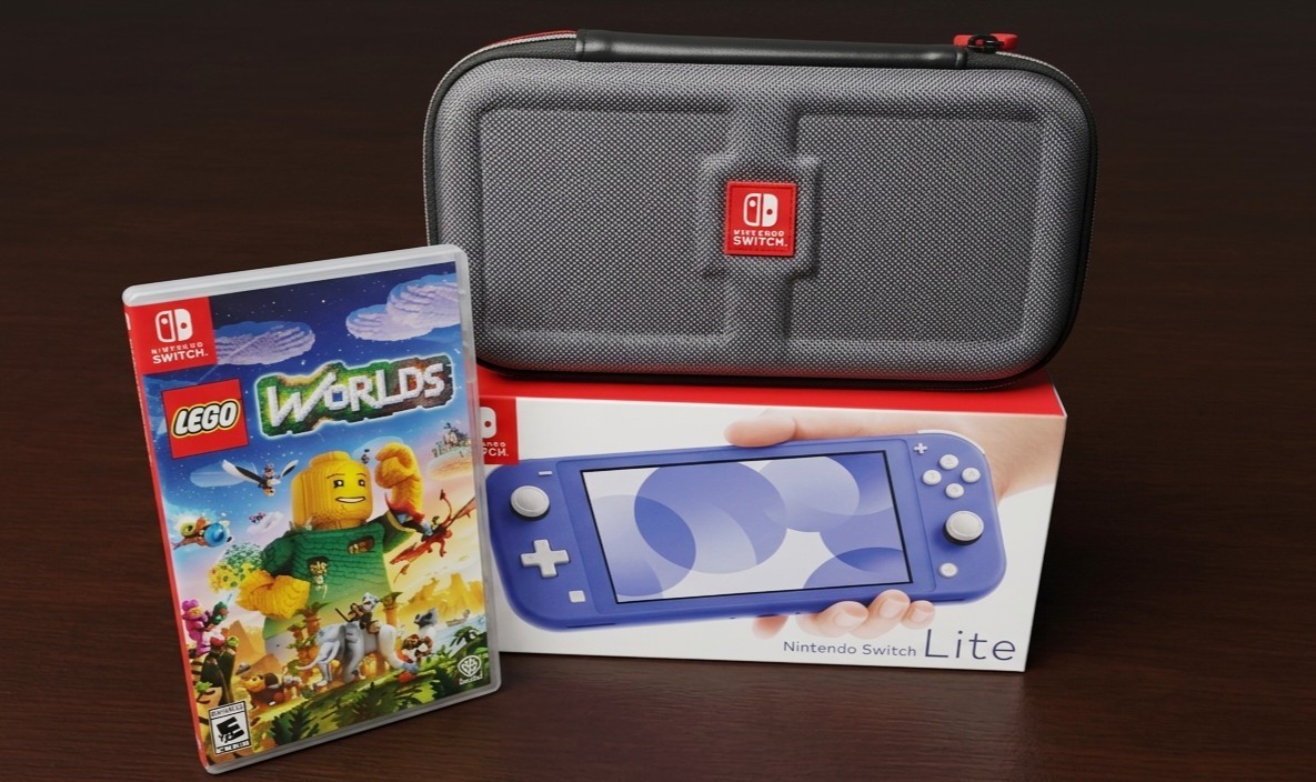 Nintendo Switch Lite Blue Handheld Console Bundle w/ Box, LEGO Worlds, & Case