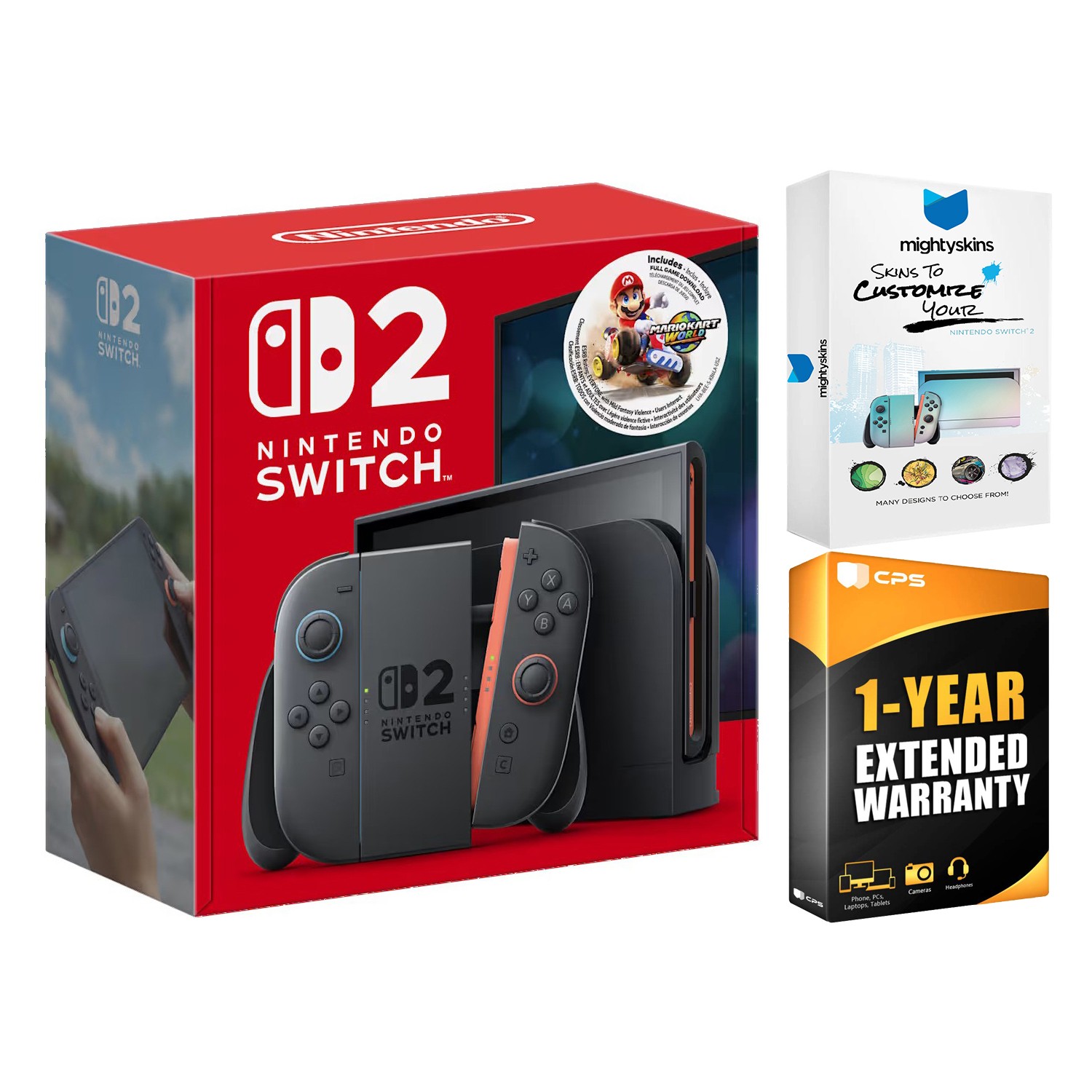 Nintendo Switch 2 Mario Kart World Bundle + MightySkins Code + 1 Year Warranty
