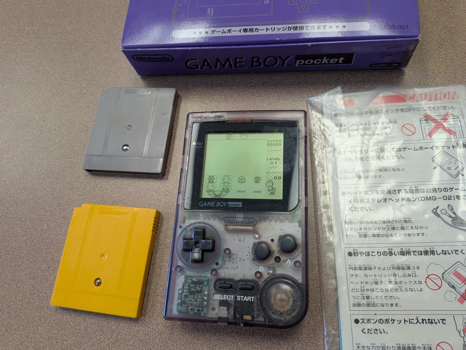 Gameboy Pocket System Atomic Purple Tested Works Three Games CIB
