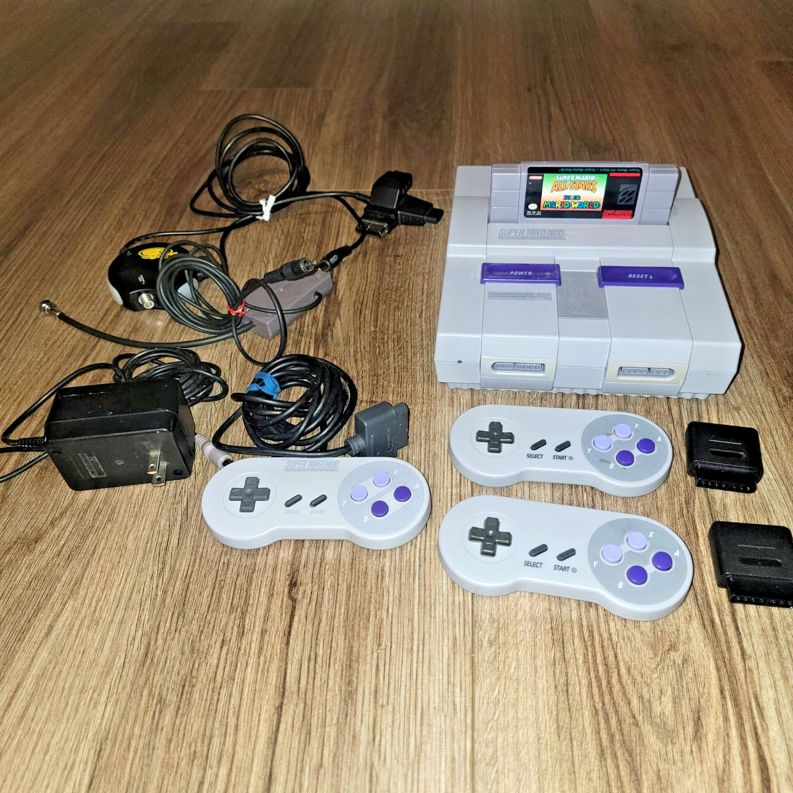 SNES Console + Super Mario World & All Stars + 3 Controllers – Cleaned & Tested