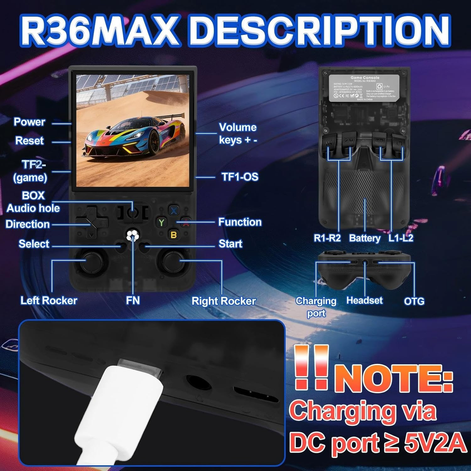 R36MAX Handheld Game Console – 4.0-Inch Screen, Support 22000+Classic Games,128G