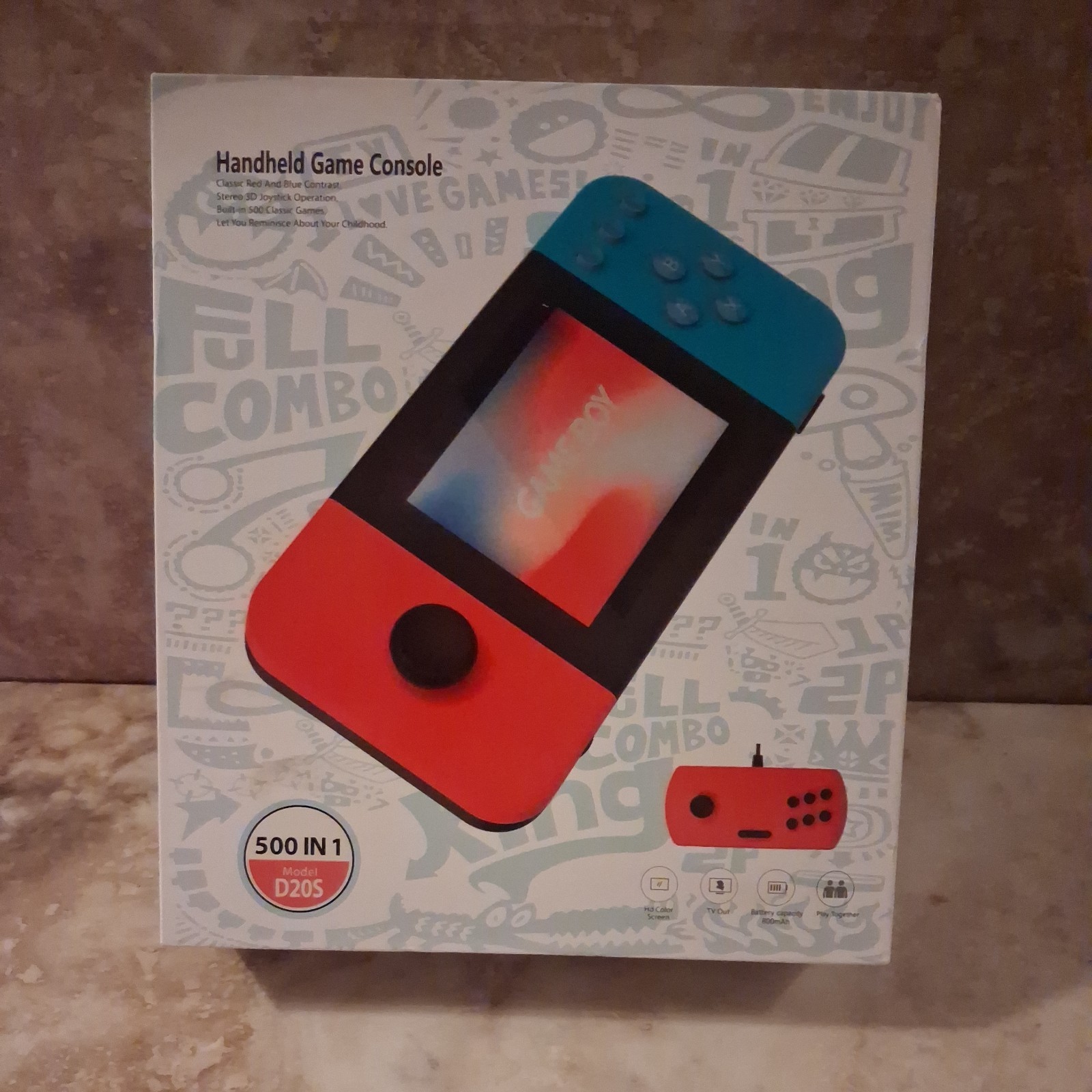 D20S 500-in-1 Handheld Game System that features 500 preloaded classic games and