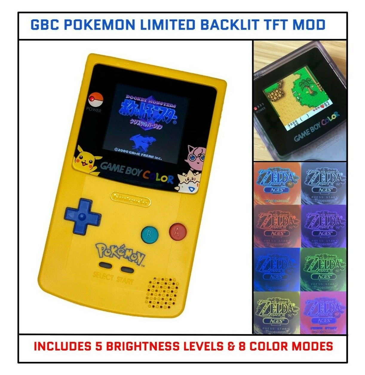 Nintendo Game Boy Color GBC System Backlight Backlit Brighter TFT Pokemon
