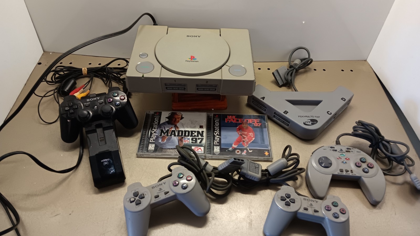 Sony PlayStation 1 Console Bundle 4 Controllers, Cords, Extras. Powers On. As-Is