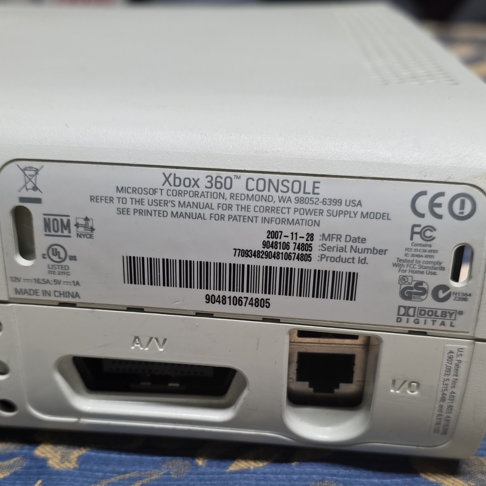 Microsoft Xbox 360 White Console Dolby Digital A/V Ethernet 2007