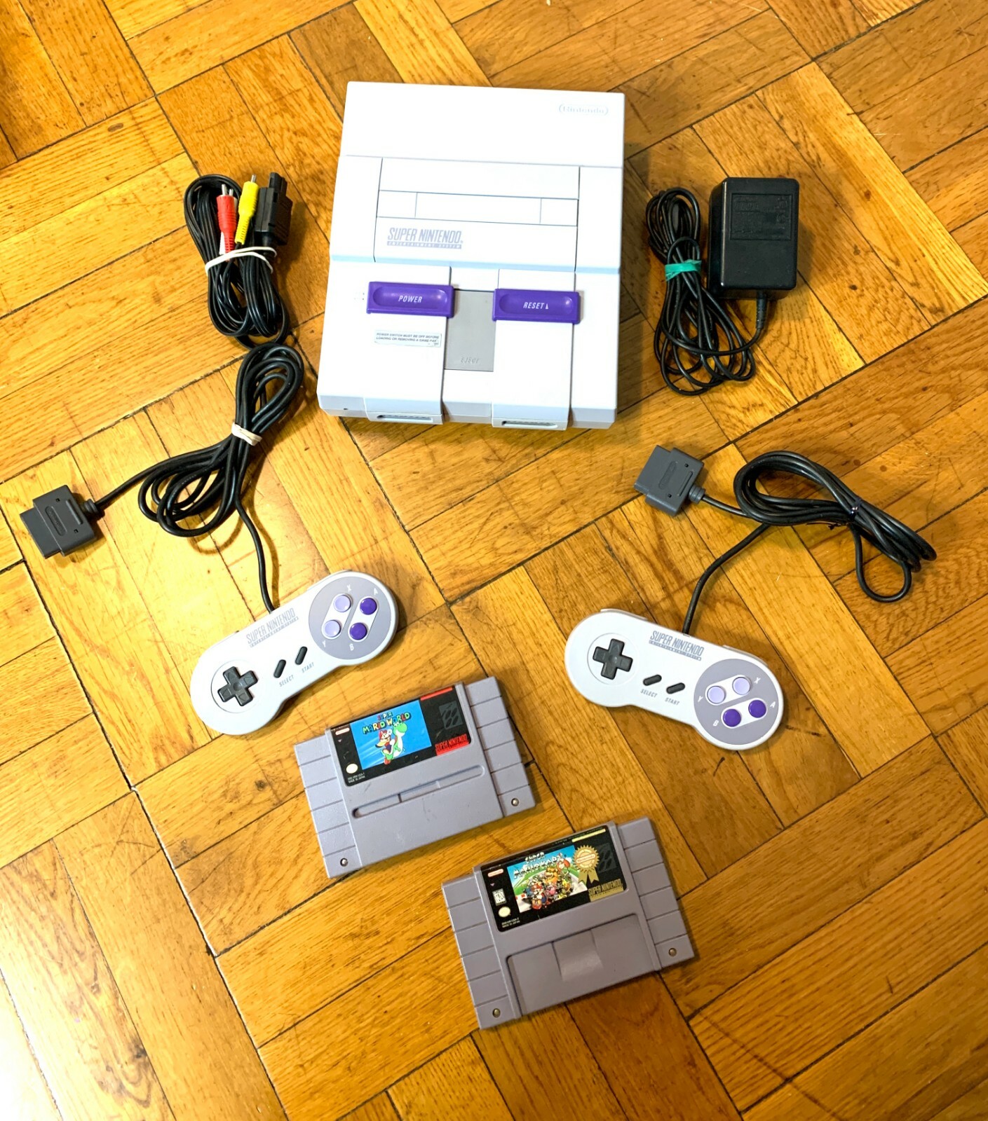 Super Nintendo SNES Console w/ OEM Controllers + Mario World & Mario Kart Bundle