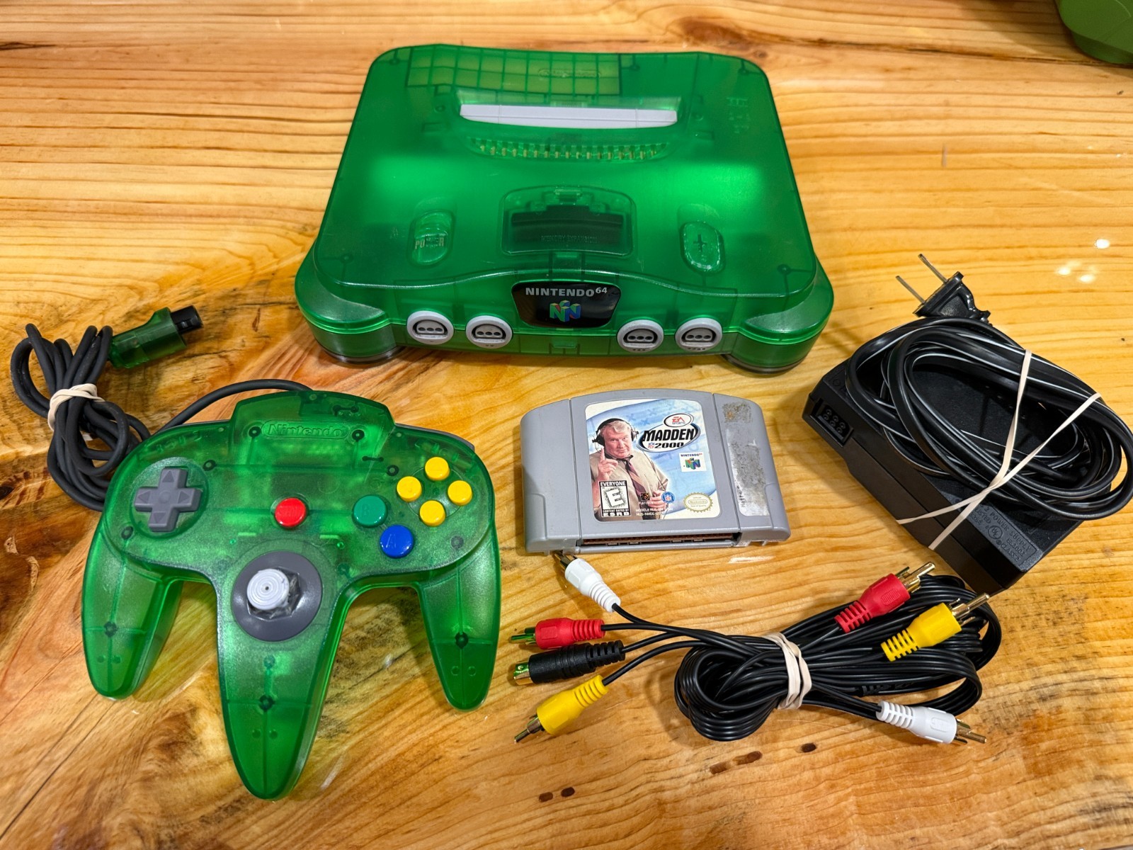 Nintendo N64 Jungle Green Console Bundle w/Controller & Cords (Tested & Working)