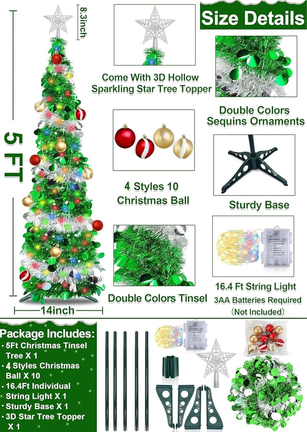 Dual Color Switch&Timer 5 Ft Pop up Christmas Tree with 50 Warm White&Color Ligh