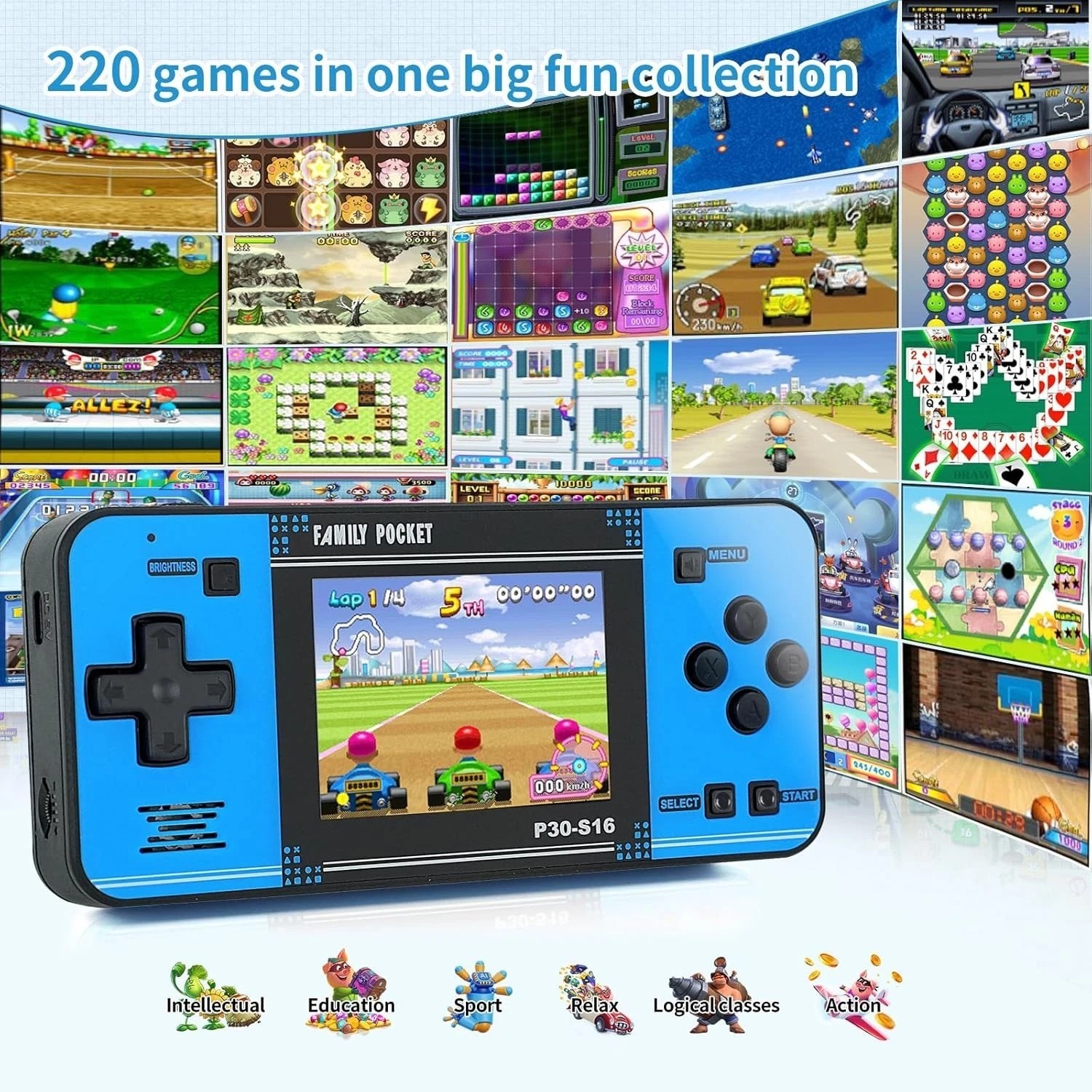 220 Preloaded Retro Games Handheld Console – Rechargeable 3.0″ LCD for Kids