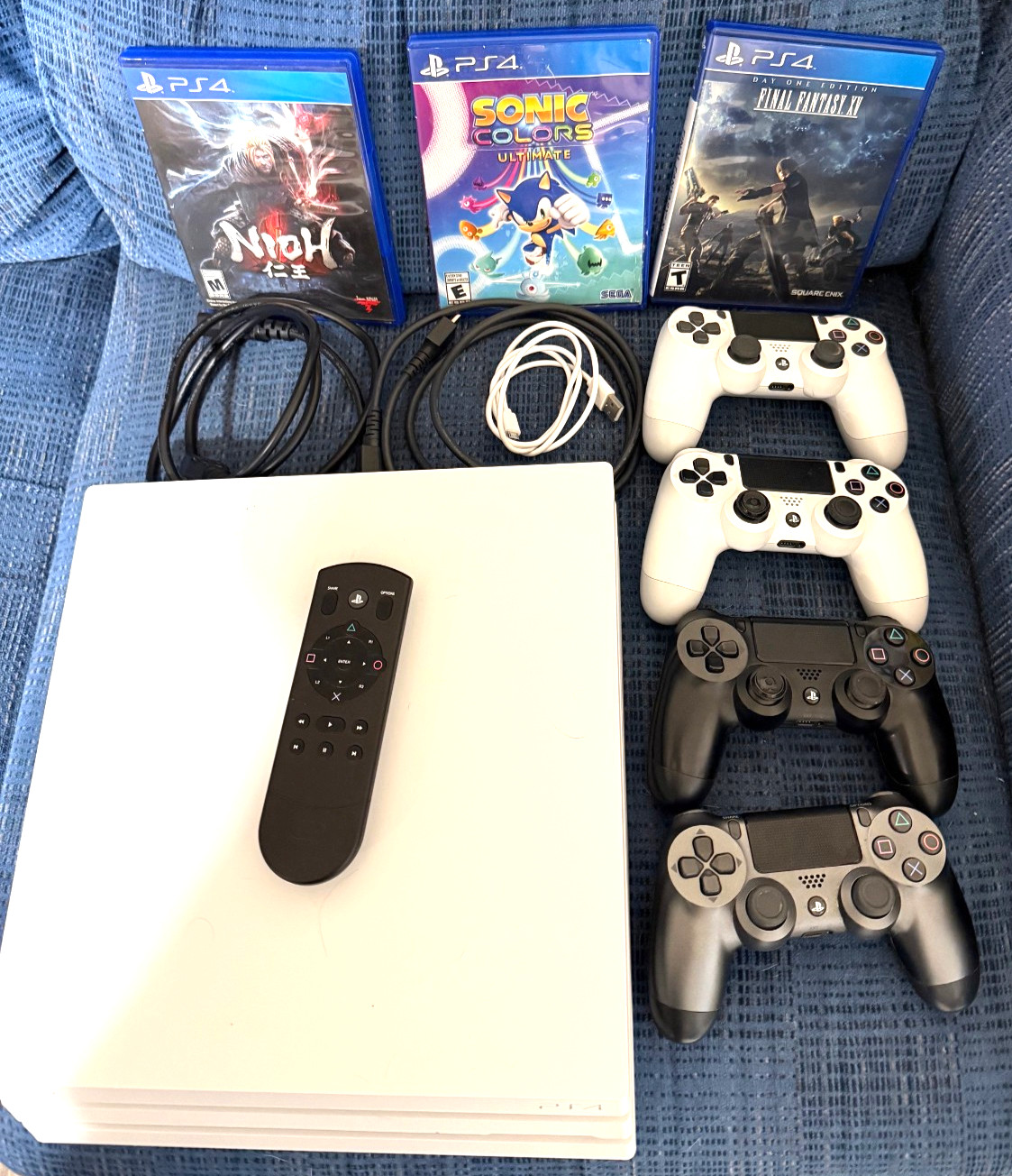 Sony PlayStation 4 Pro 1TB Glacier White Console Bundle w 3 Games & 4 Controller