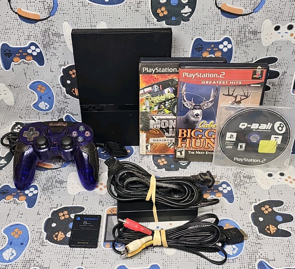 Sony PlayStation 2 PS2 SLIM SCPH-77001 W/CORDS,WIRED CONTROLLER, 3 GAMES