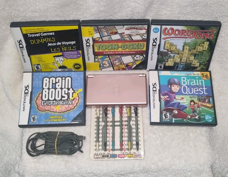 Nintendo DS Lite Metallic Rose Pink Console Bundle w/ 5 Games Charger And Stylus