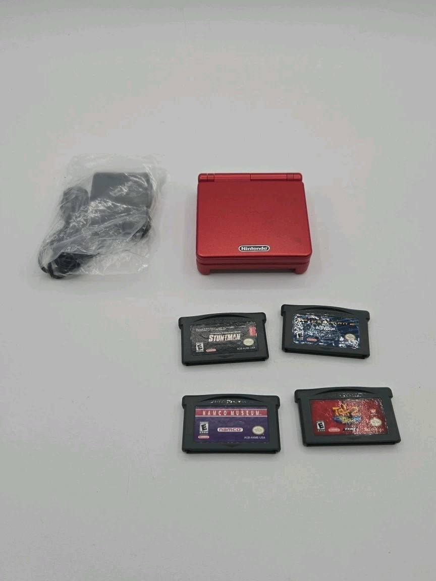 Nintendo Game Boy Advance SP Handheld System Flame Red W/charger And 4 Games