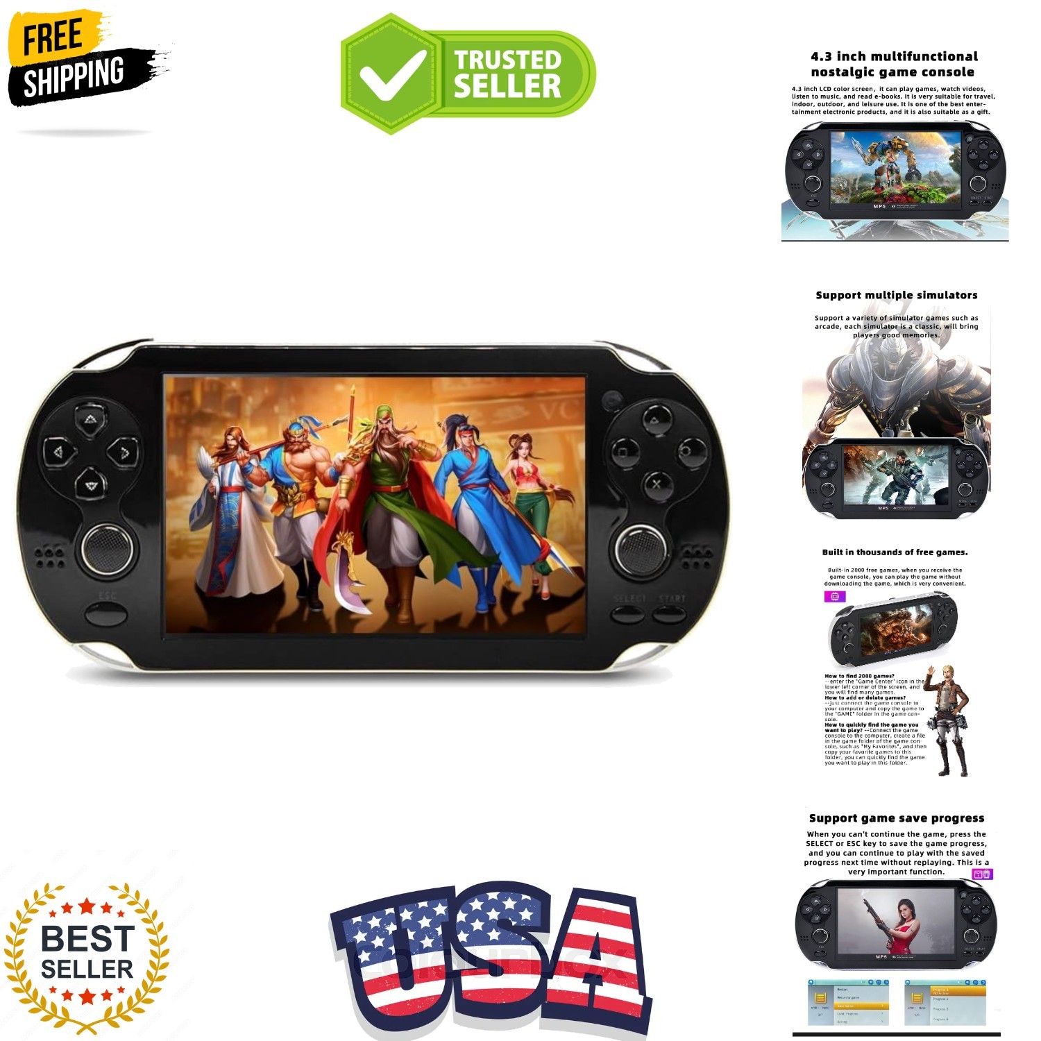 Handheld Game Console 4.3 inch Double Joystick 8GB Build in 2200 Retro Game V…