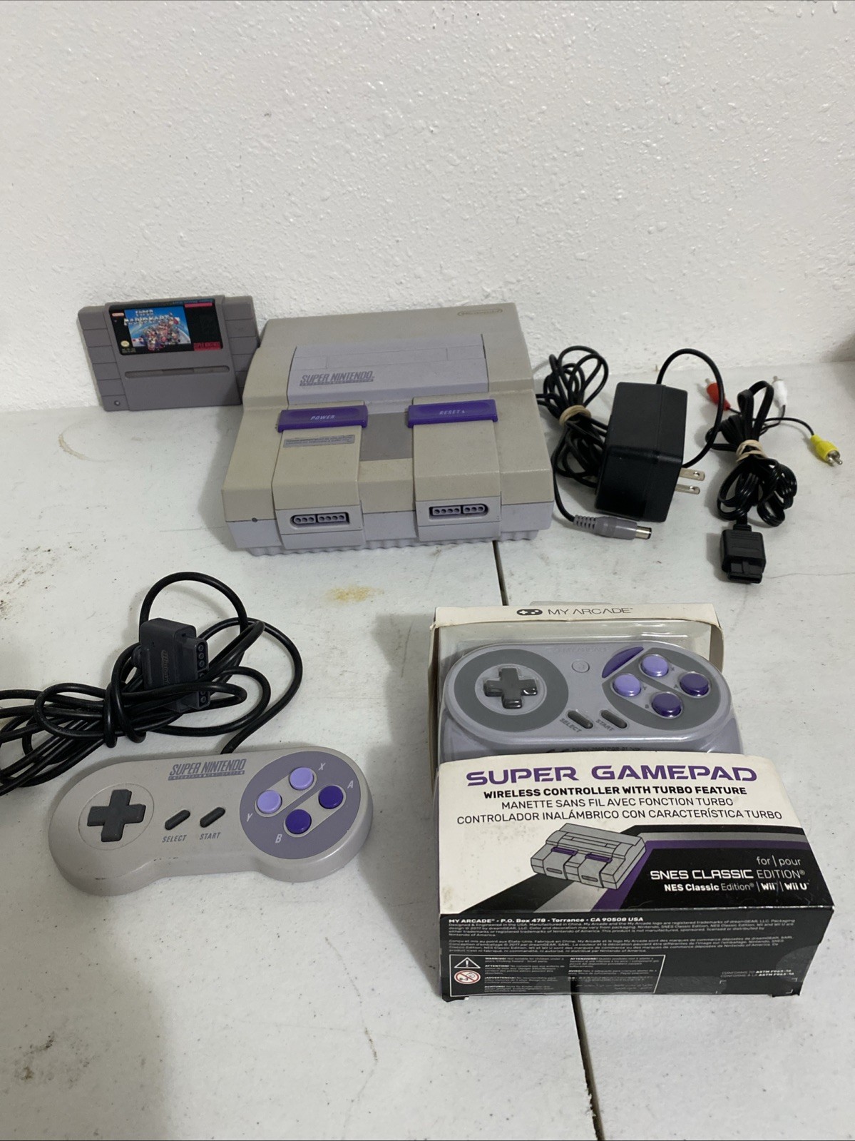 Nintendo SNES Home Console Power Cord 2 Game Pad Video/c Super Mario Cart Work