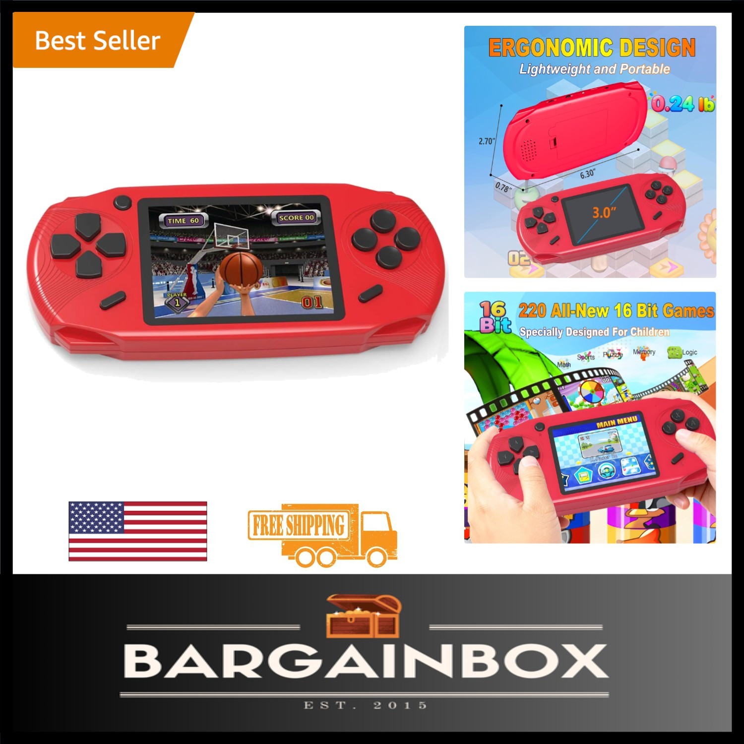 Portable 16-Bit Gaming Player for Kids – 220 Fun Games with Shatterproof Design