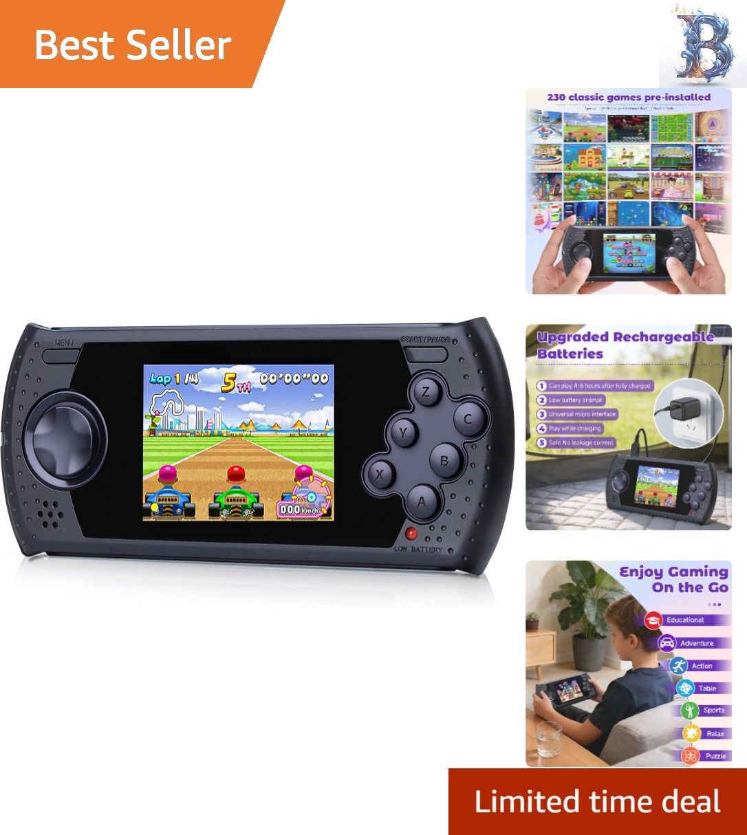 Portable 16 Bit Handheld Gaming System – 3.0 Inch, 230 Retro Games for Ages 4-12