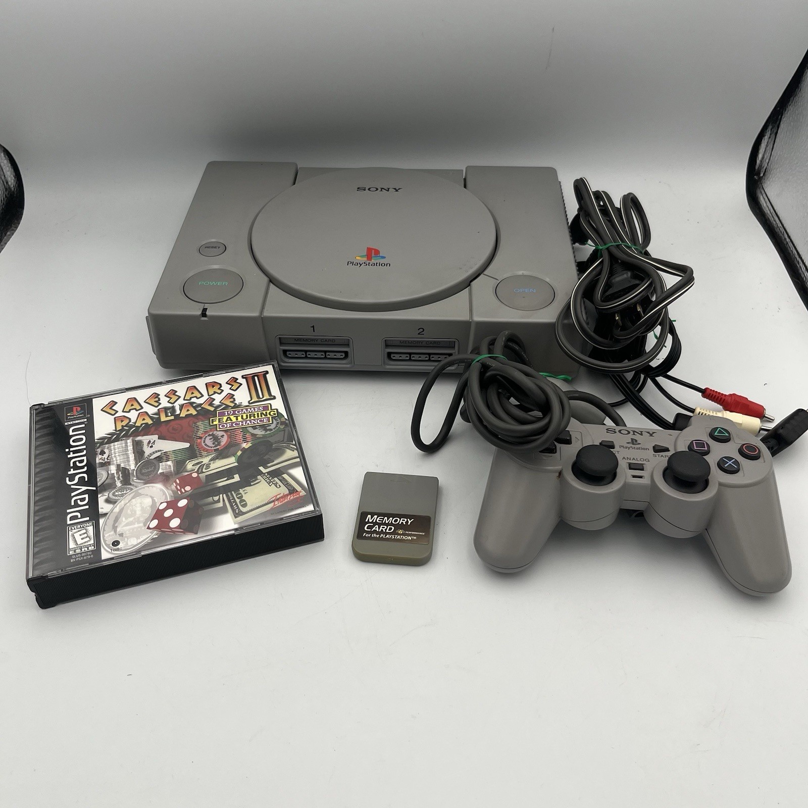 PS1 PlayStation 1 Console Bundle DualShock Controller Cables, Game, Memory Card