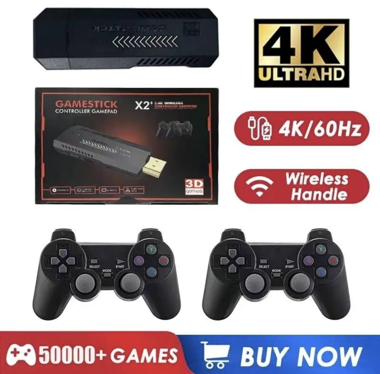 HDMI TV 4K Game Stick 128G 41000+ Games Video Game Console w/2*Wireless Gamepads