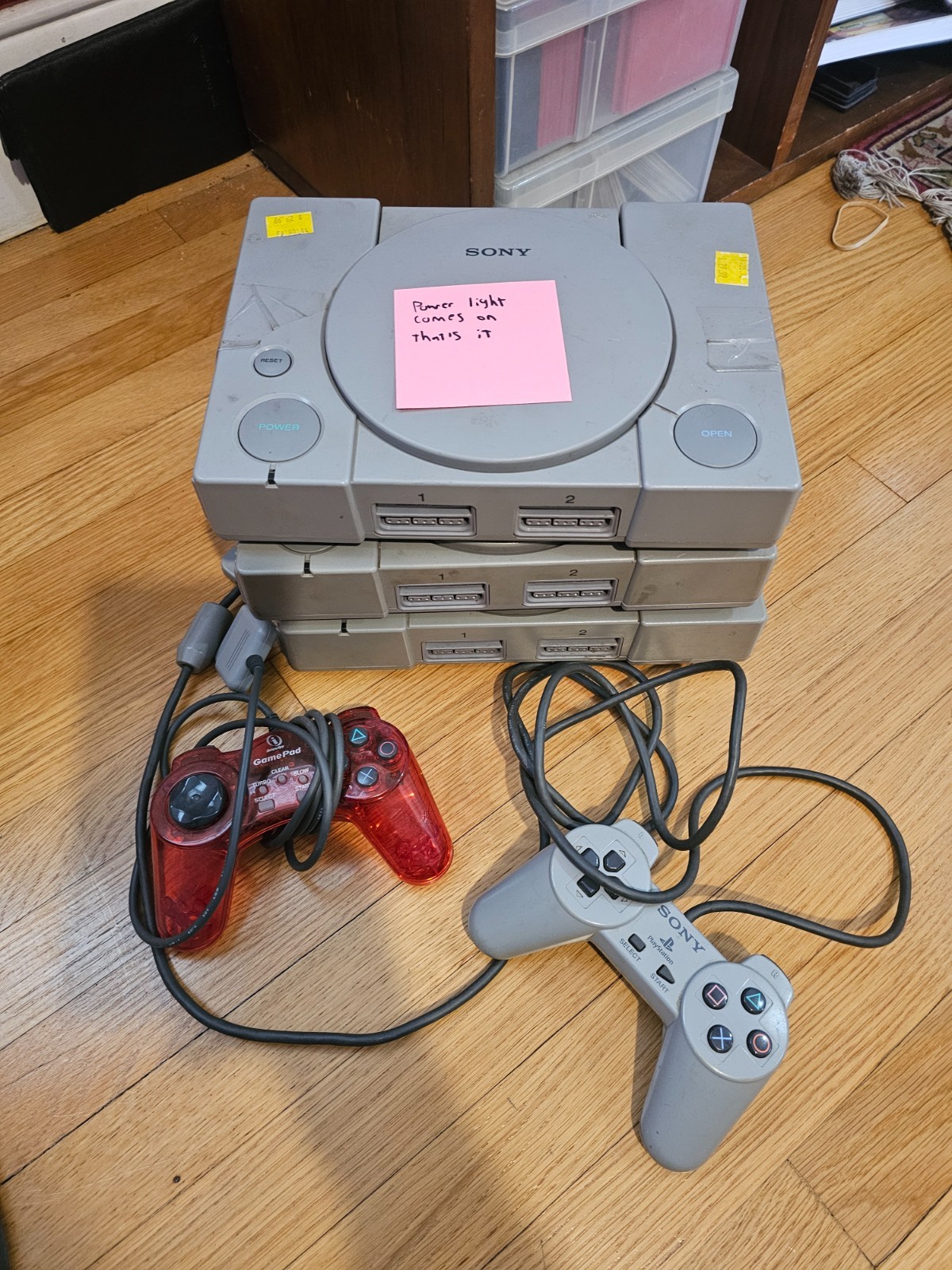 Three Playstation 1 PS1 Consoles and Two controllers – For PARTS ONLY