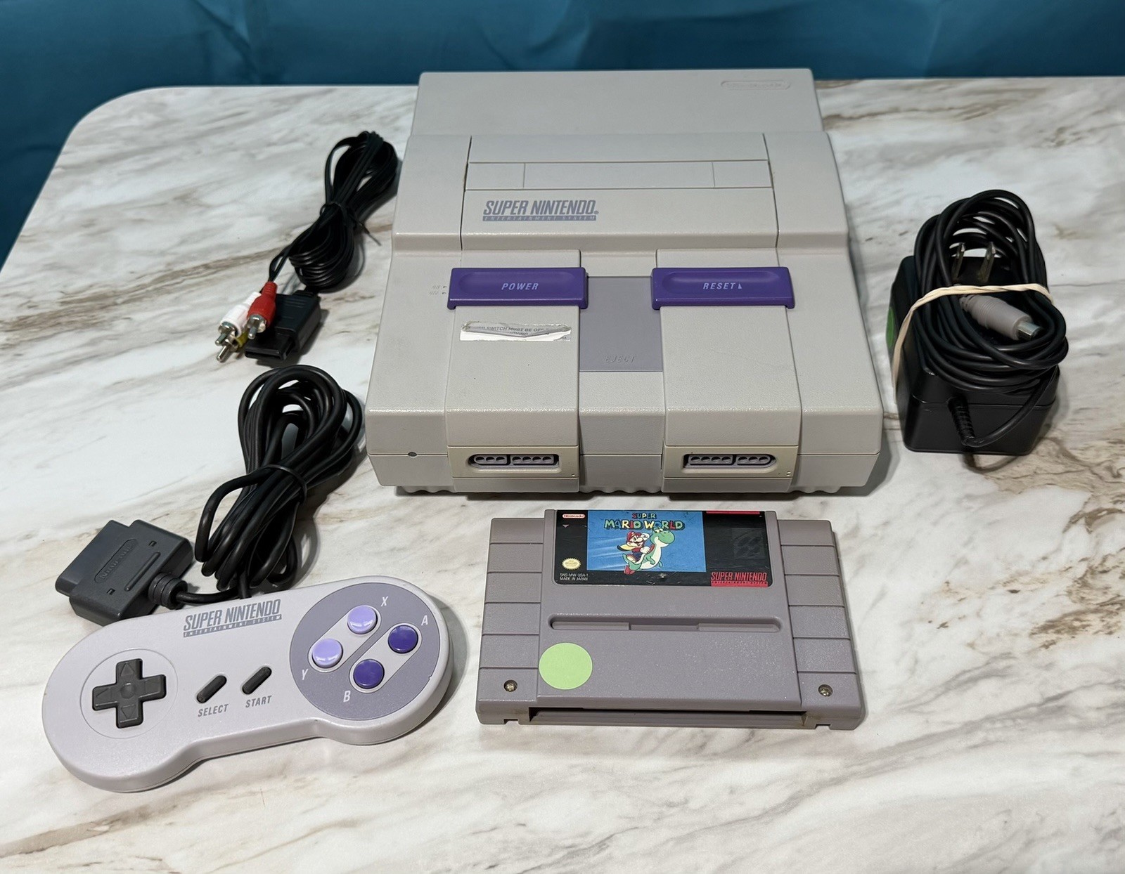 Super Nintendo SNES Console Controller + Super Mario World Tested And Working