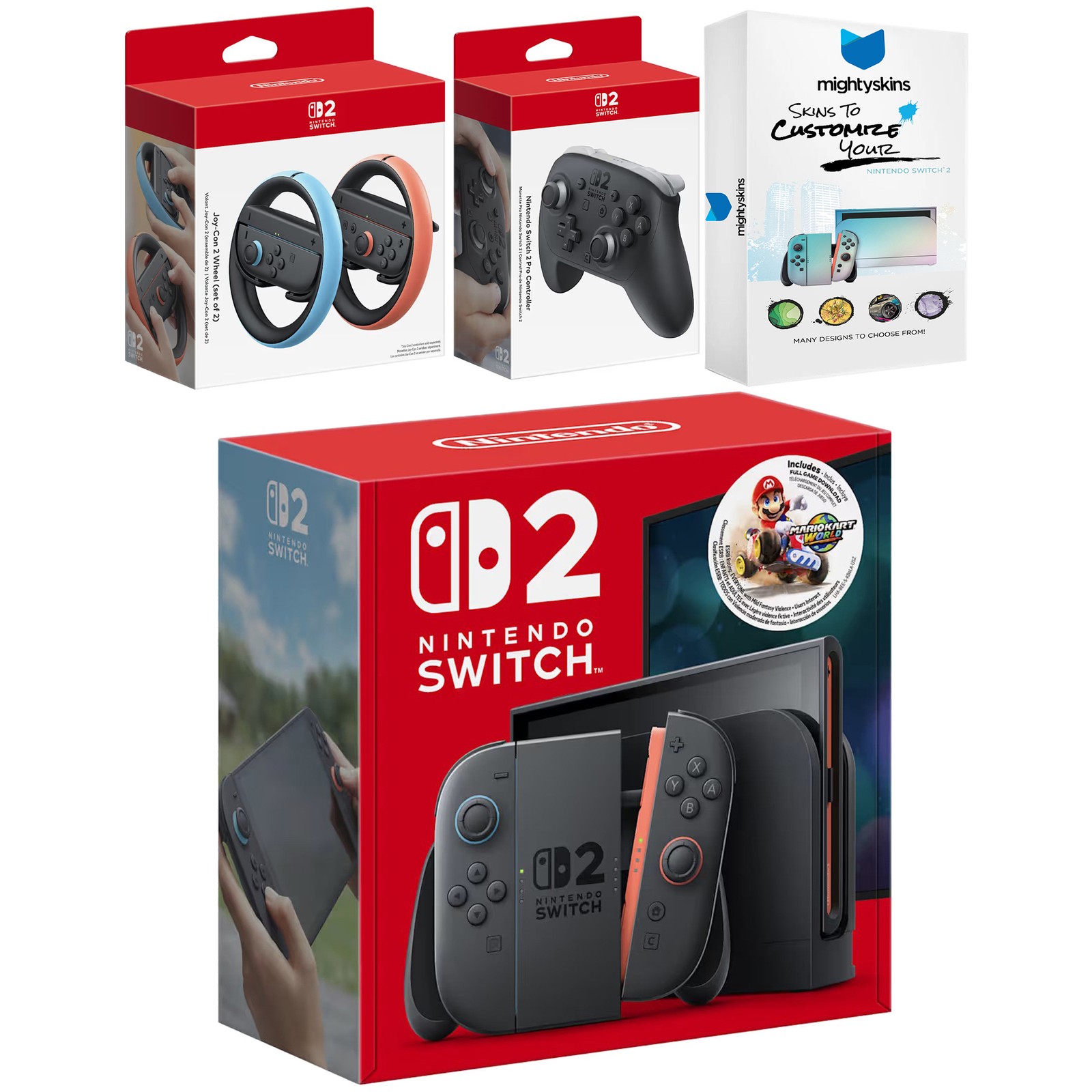 Nintendo Switch 2 Mario Kart Bundle, Pro Controller, Joy Con Wheel, MightySkins