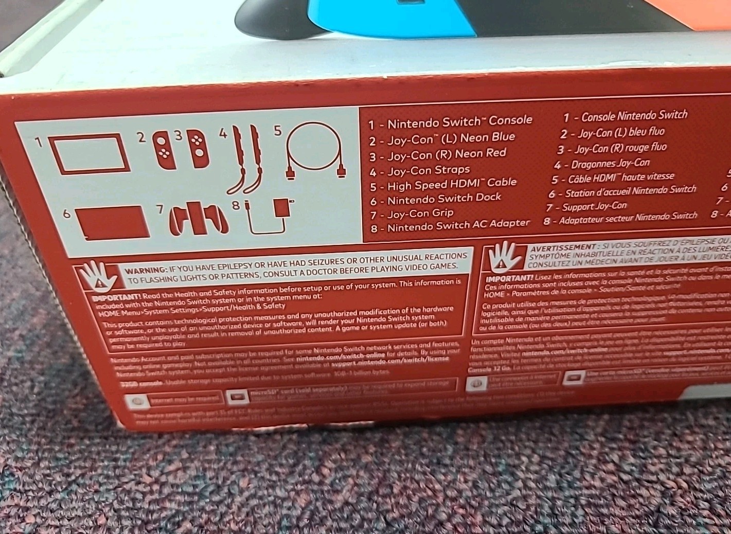 Nintendo Switch 32GB Gray Console with Neon Red and Neon Blue *Box Only*