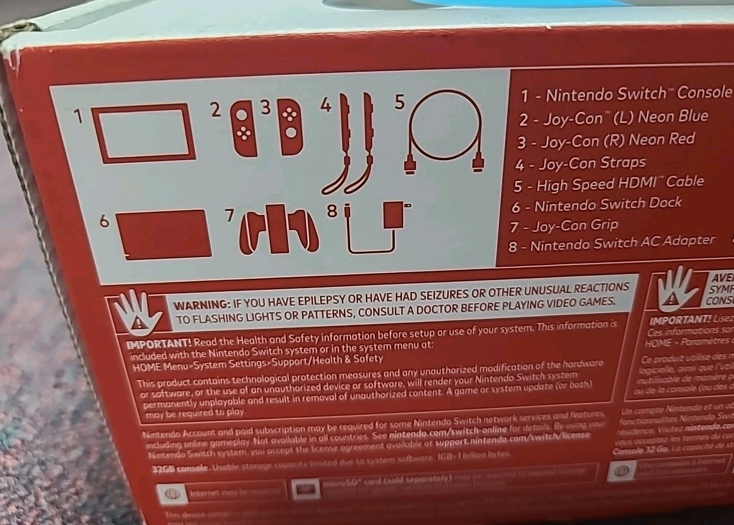 Nintendo Switch 32GB Gray Console with Neon Red and Neon Blue *Box Only*
