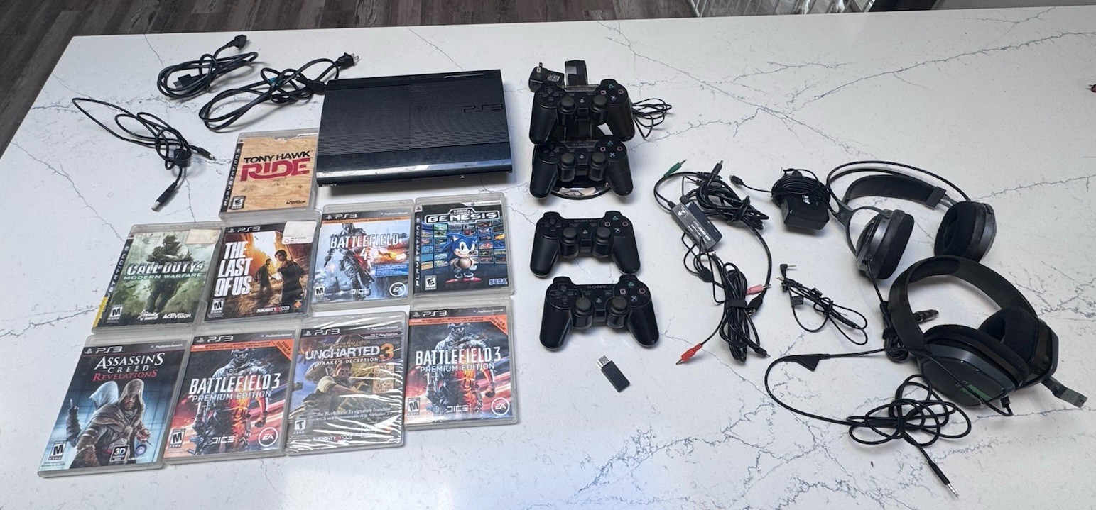 Sony PlayStation 3 PS3 Super Slim 250GB Console Bundle 4 Controllers Headsets