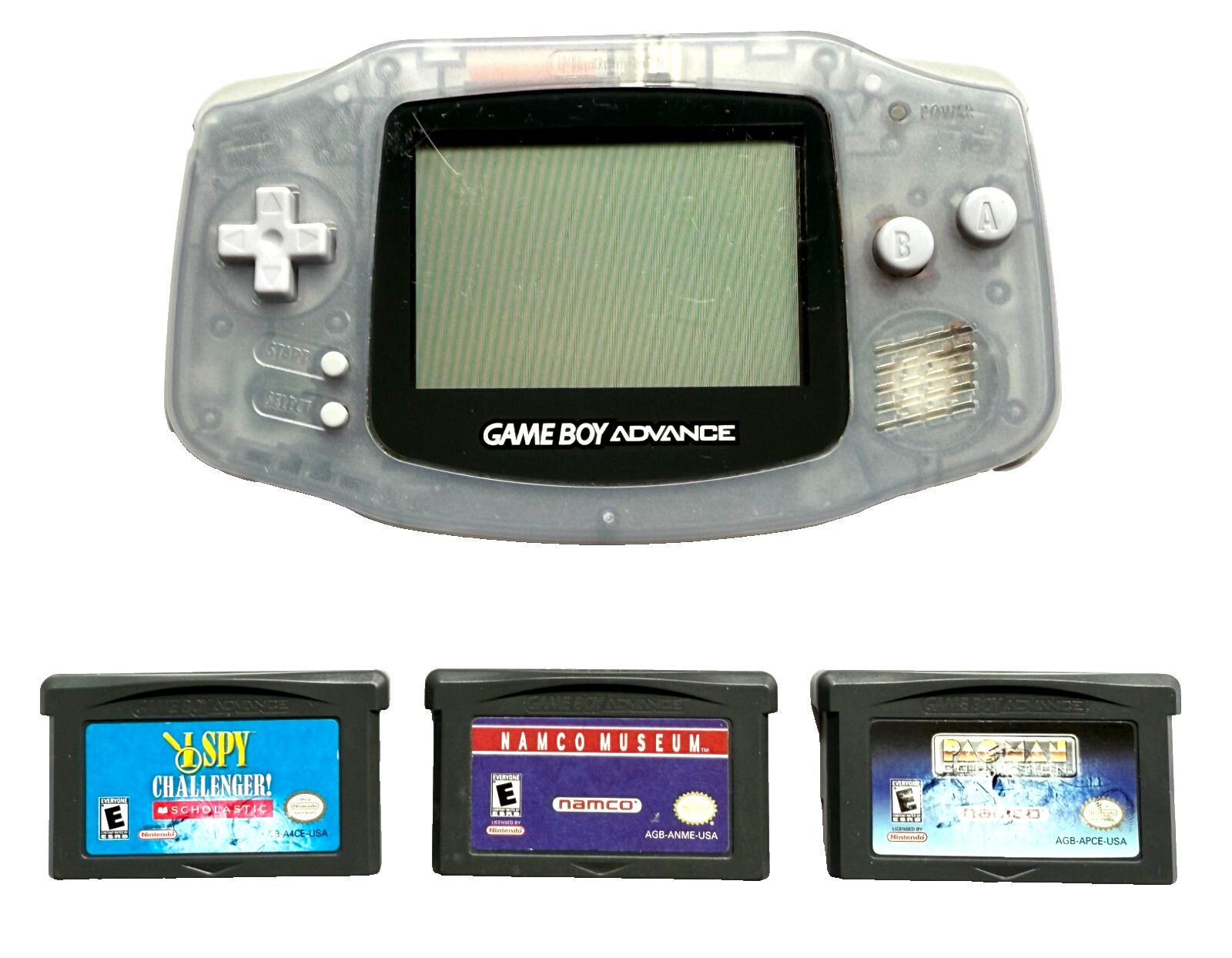 NINTENDO GAME BOY ADVANCE CLEAR GLACIAL GRAY AGB-001 BUNDLE WITH 3 GREAT GAMES