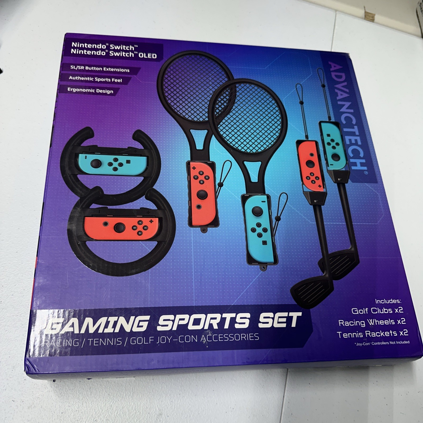 Nintendo Switch gaming Sport Set 2 Golf Clubs 2 Racing Wheels 2 Tennis Racket NW