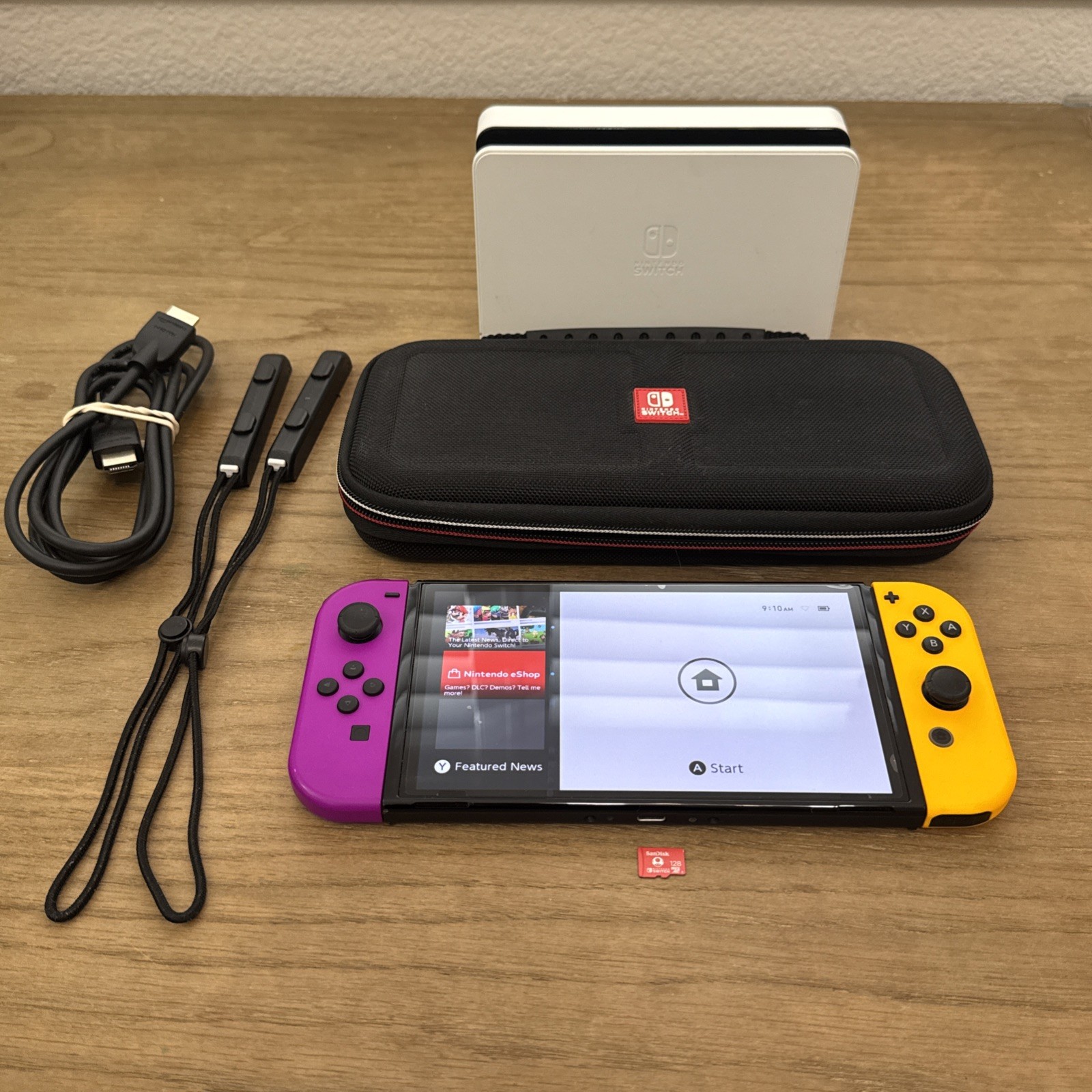 Nintendo Switch OLED Bundle Neon Purple Orange Joy-Con + 128GB SD + Dock & Case