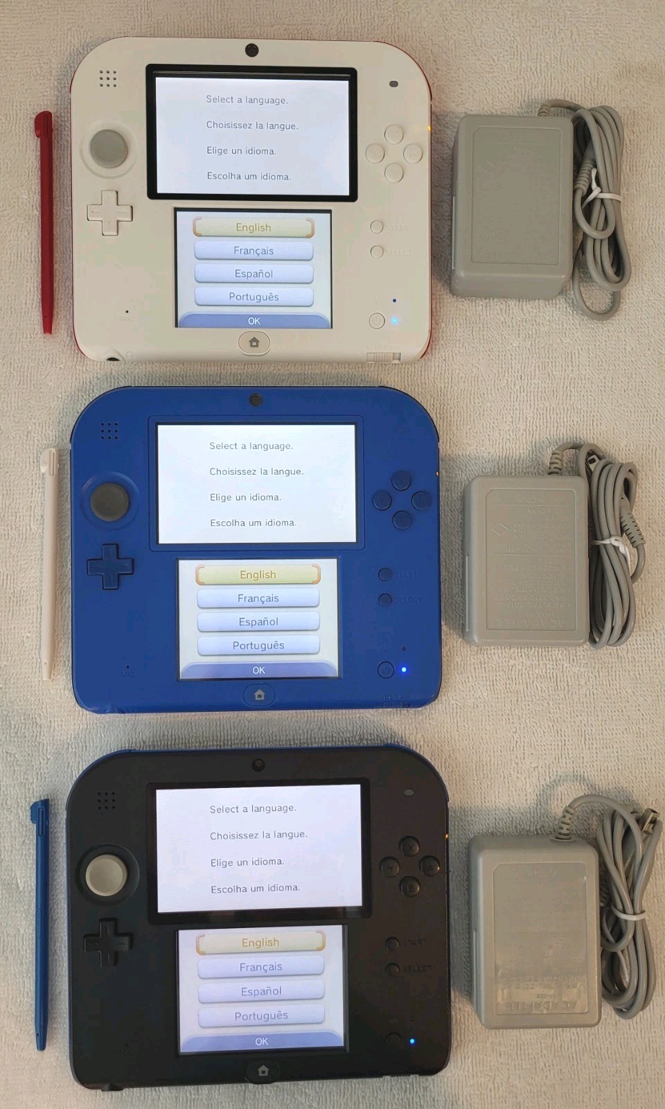 Lot of 3 Nintendo 2DS Console Systems w/ Chargers, Styluses, Cleaned, Tested