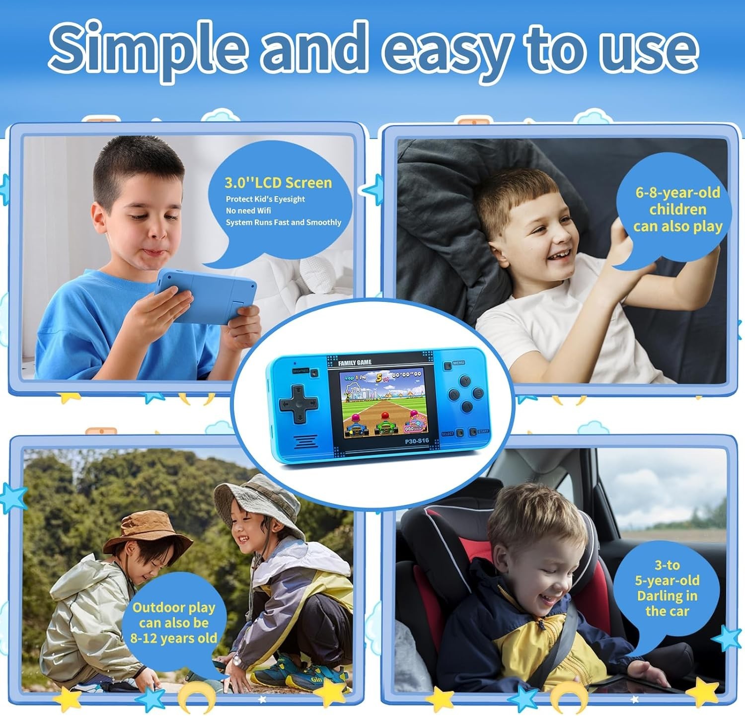 Lightweight 3.0” LCD Handheld Gaming Console for Kids – 220 Games, Blue