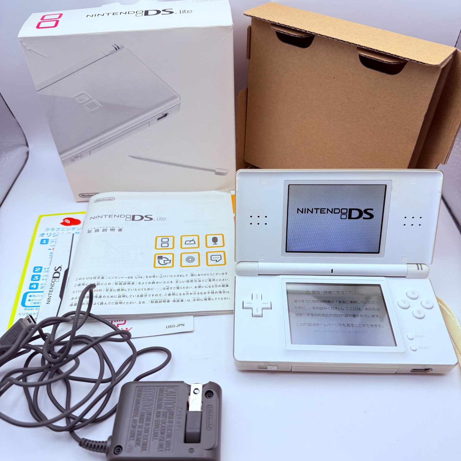 Nintendo DS Lite Console Crystal White Genuine Charger Pen Tested EUC