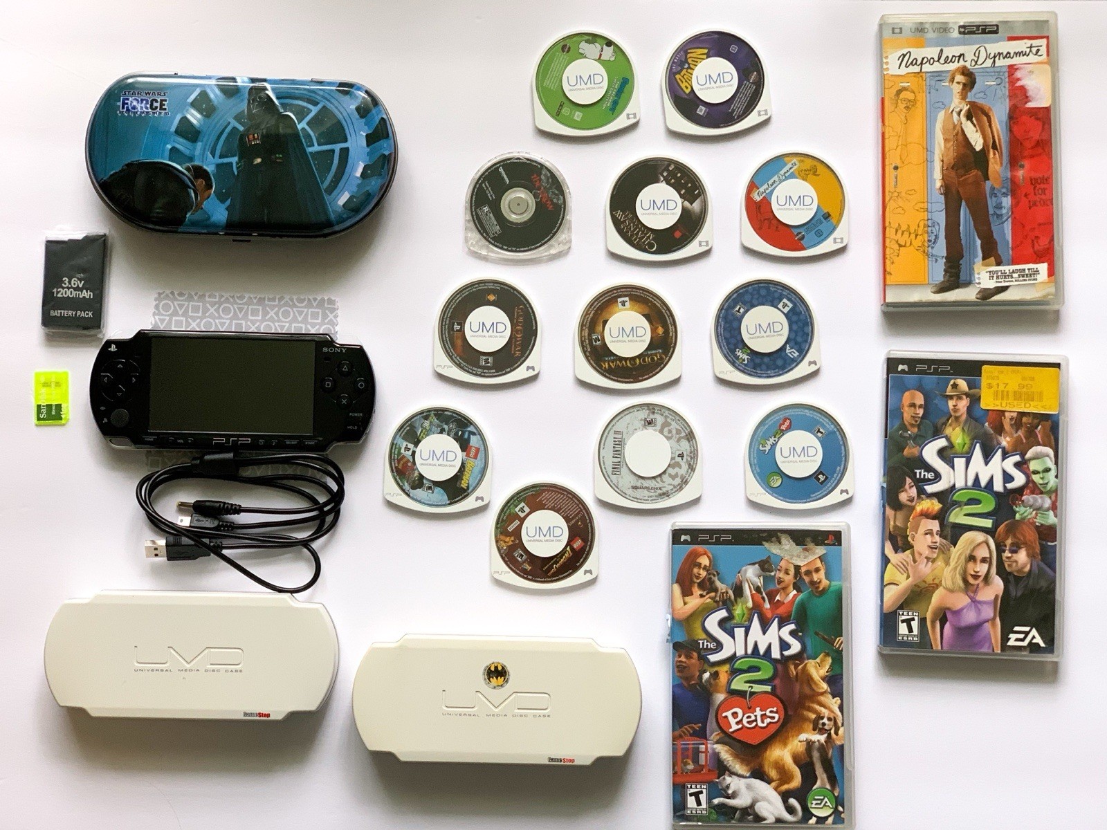 Sony PSP-2001 Black Bundle, 12 Games/movies (Tested), Hard Cases, New Batteries