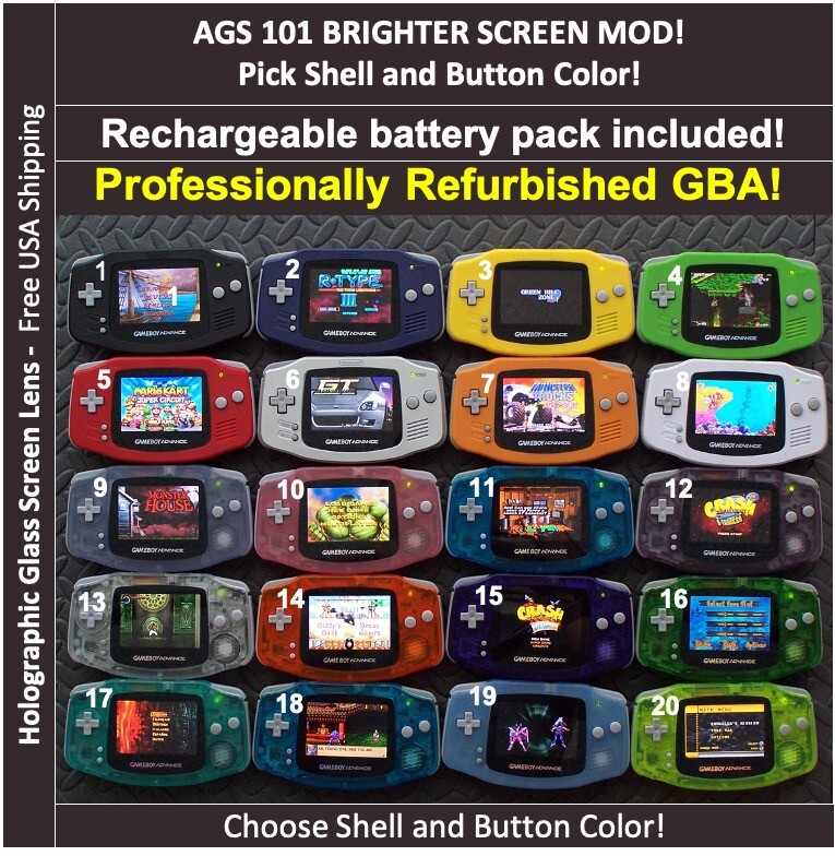 Game Boy Advance GBA System AGS101 Backlit Mod-Glass Screen-w Rechargeable Batt