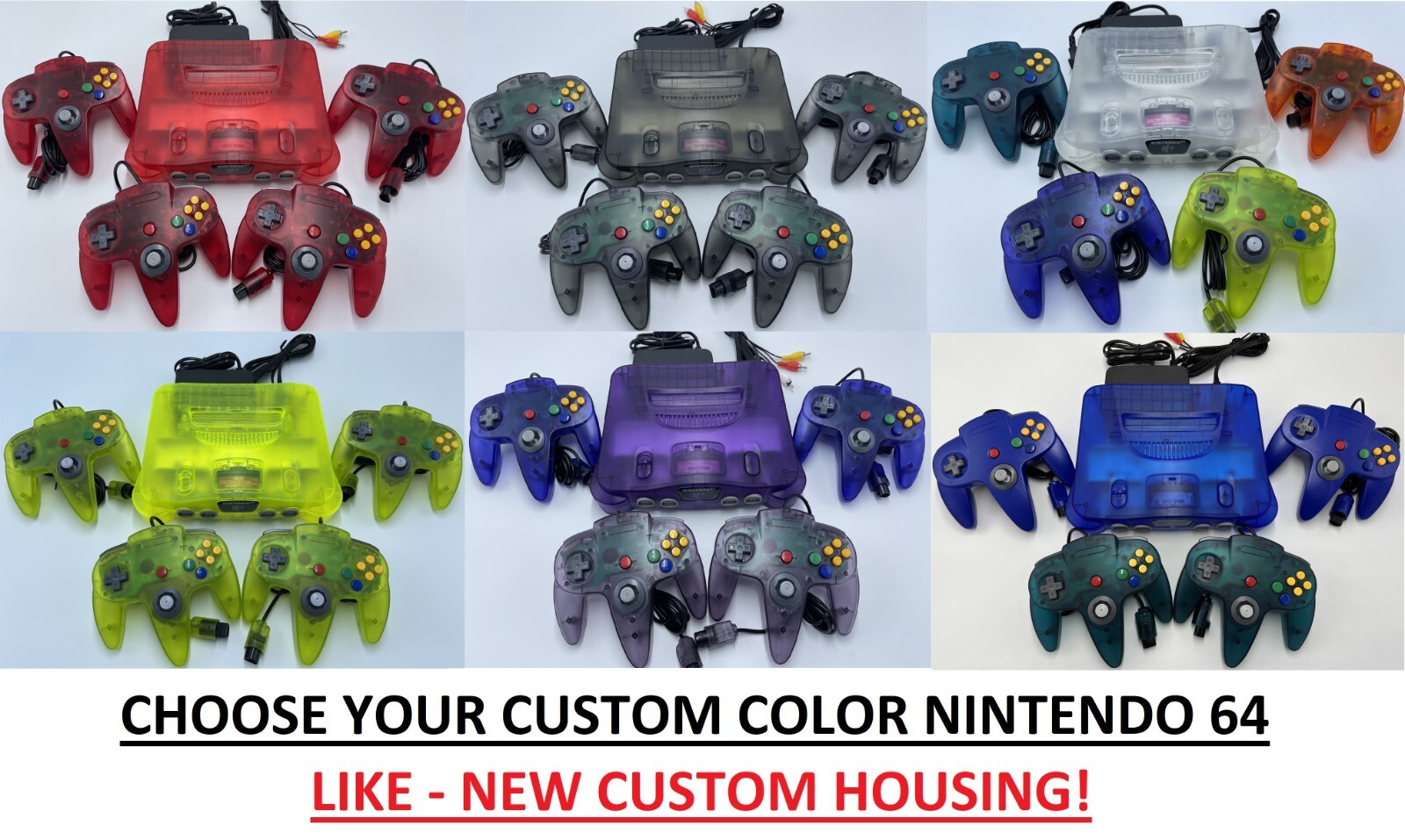 Choose CUSTOM COLOR Nintendo 64 Console + Up to 4 Controllers + Cords! N64! WOW
