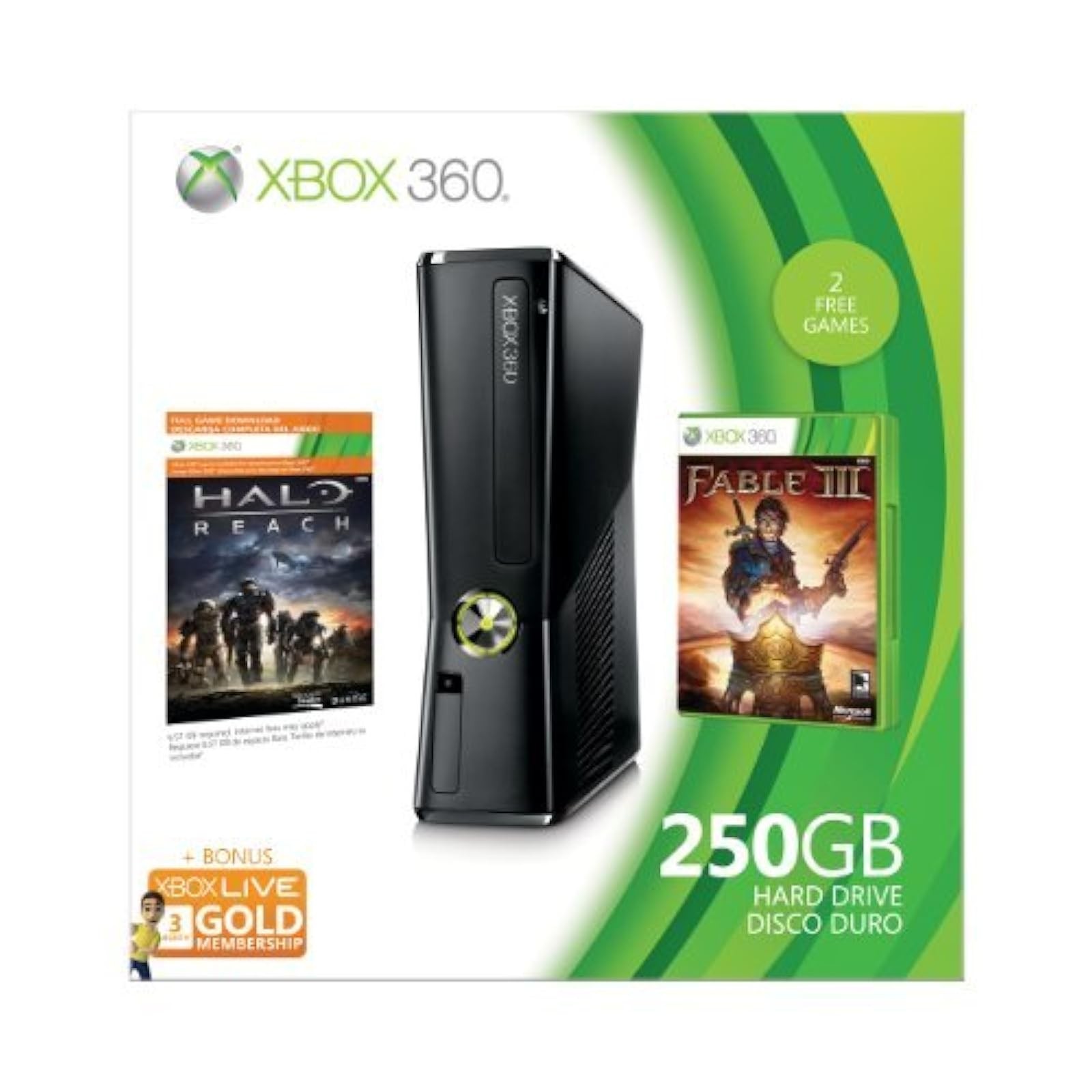 Xbox 360 250GB Value Bundle Halo Reach Fable 3 Very Good 1Z