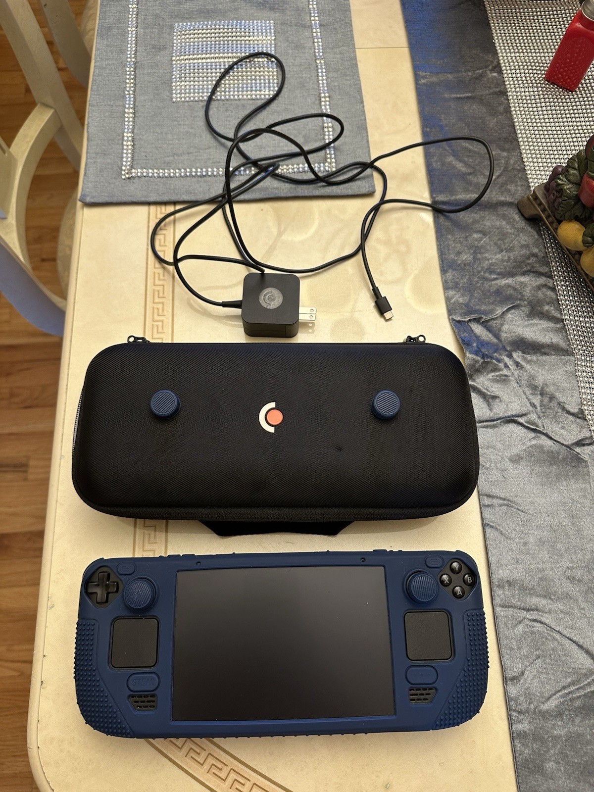 Steam Deck OLED 512GB w/Charger, Carrying Case, Blue Silicone Case And Extras