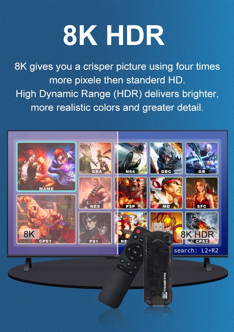 HD Game Console Wireless Dual Controllers TV Plug Play Game Stick 64G 8K HDMI