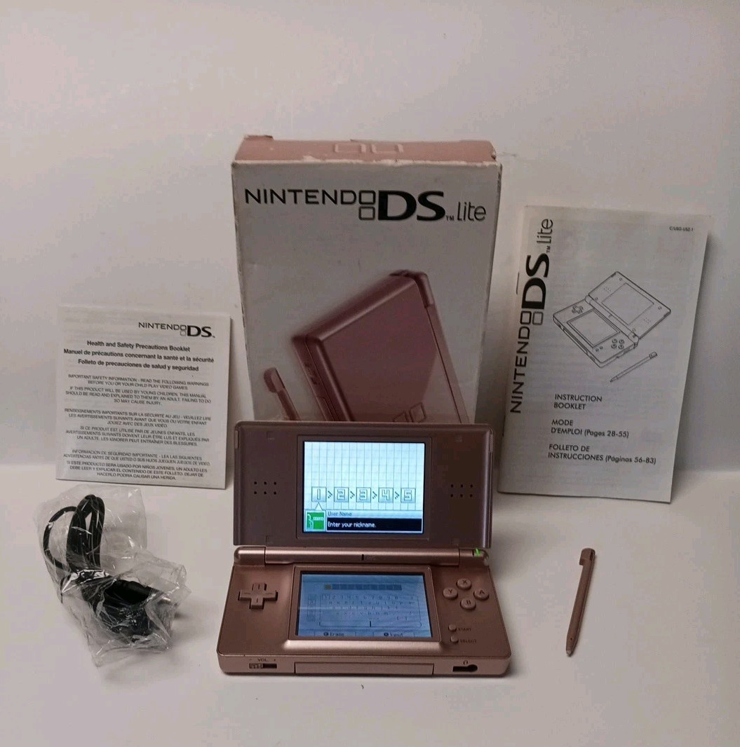 Nintendo DS Lite Metallic Rose Pink System And Adaptor No Charger Tested