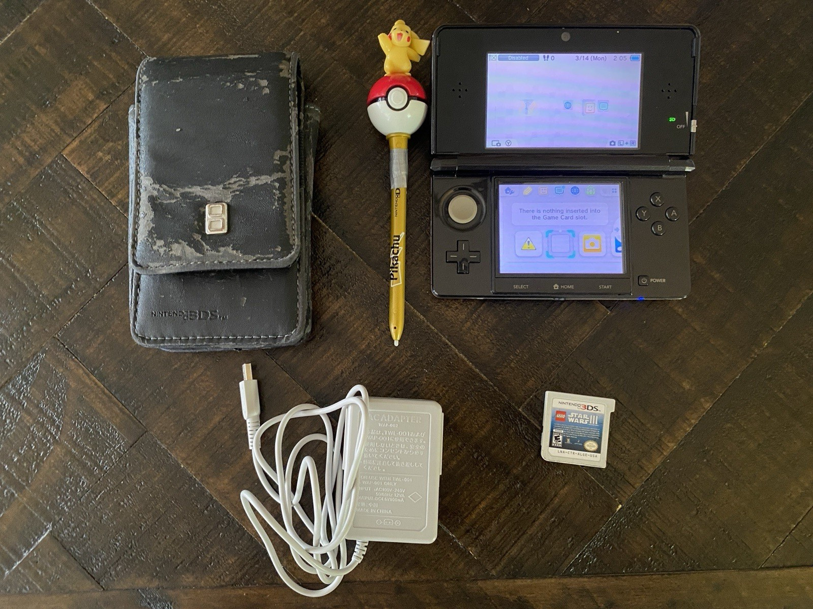 Nintendo 3DS Black Handheld Console W/Charger, Game, Case and Pikachu Stylus USA