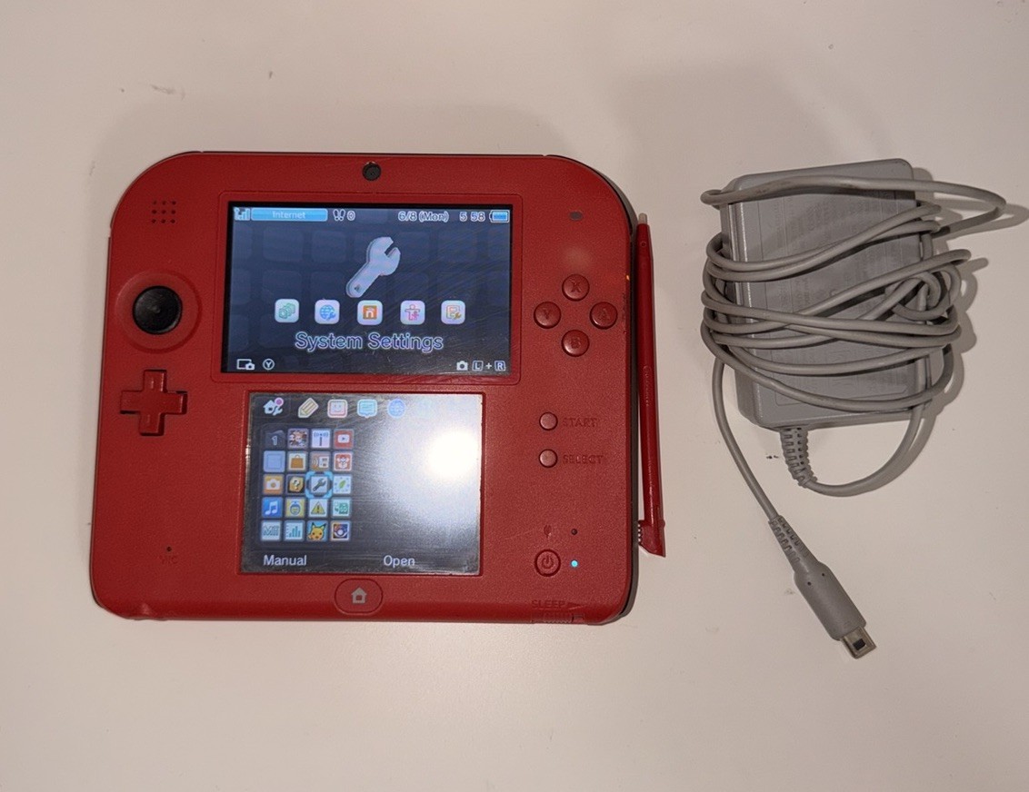Nintendo 2DS Red Handheld Console w/ Charger, Built-In Camera
