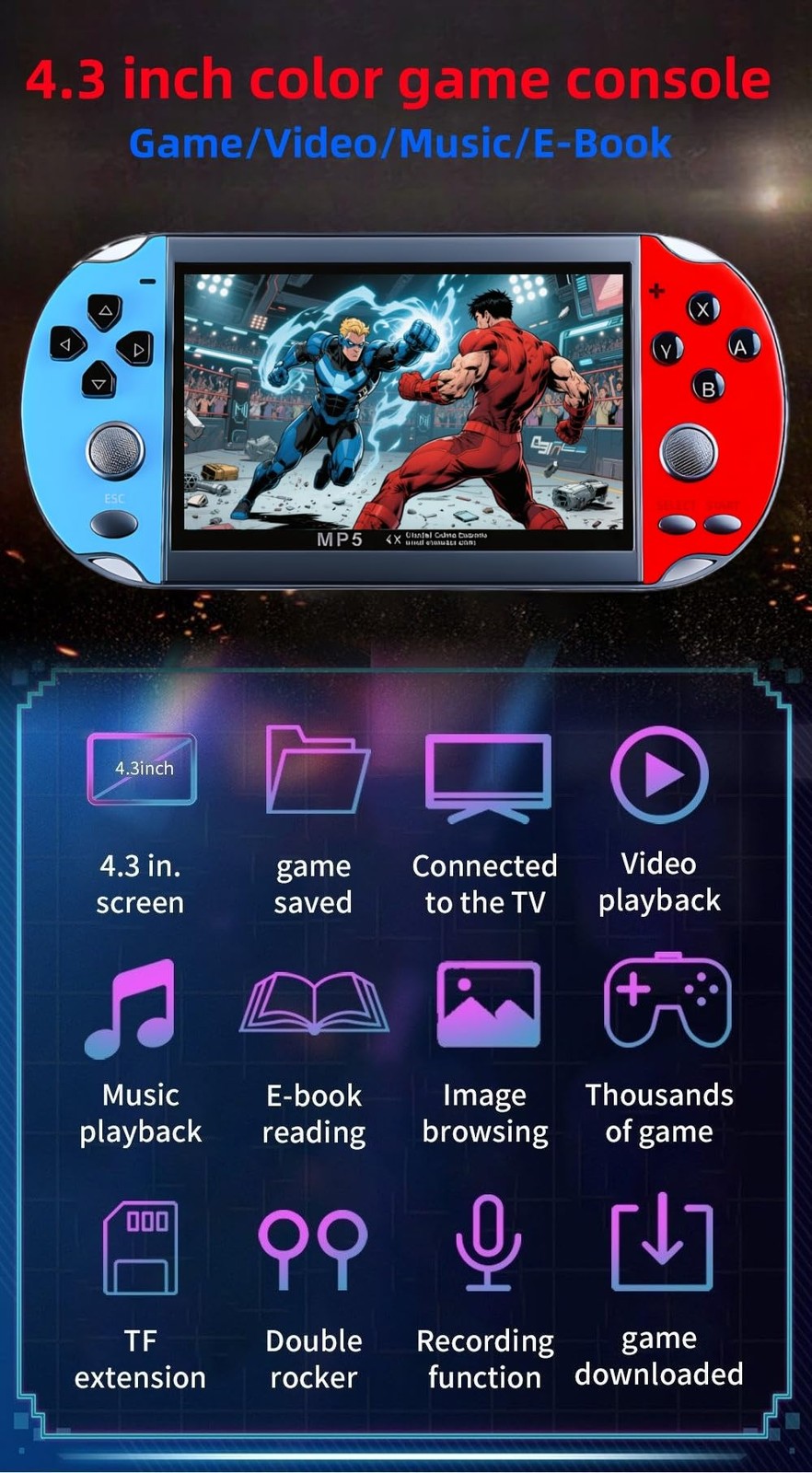Colorful Video Game Console 4.3 inch Sreen 8GB Built-in 4000 Games Handheld A…