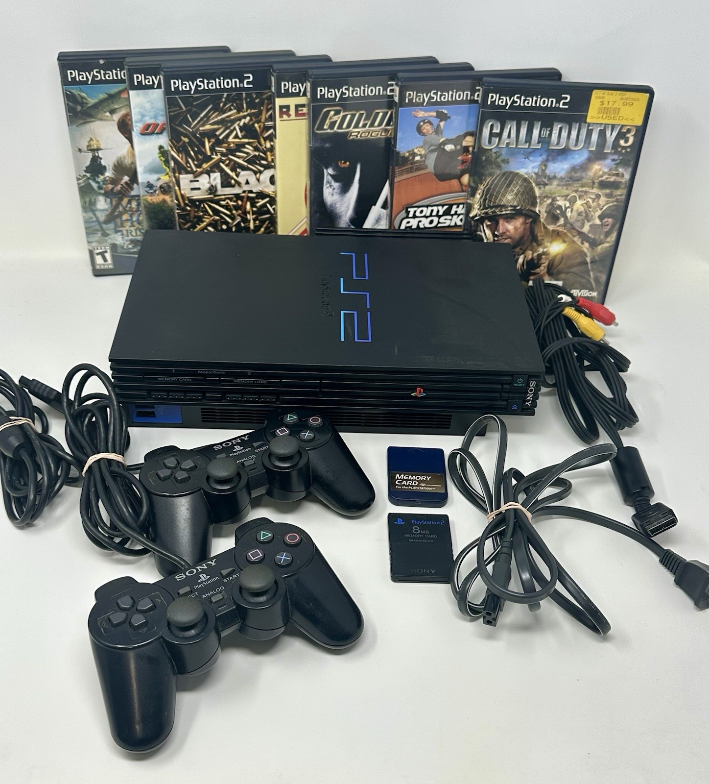 PlayStation PS2 Fat Cables HDD Adapter 2 Controllers Memory Cards 7 Games