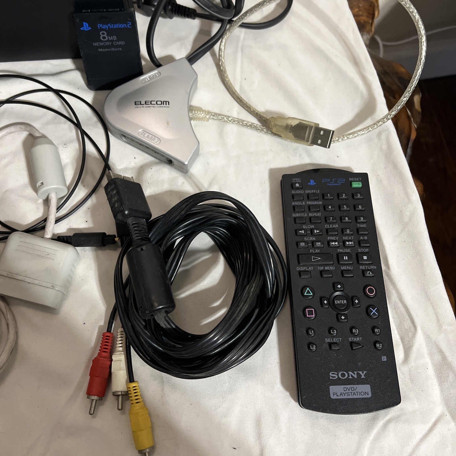 Sony PlayStation 2 PS2 Fat Console 2 Controllers,Memory Card Cords, error disc.