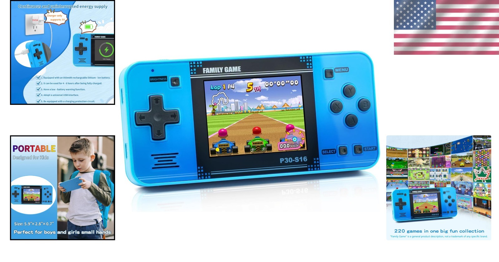 Rechargeable Handheld Game Console – Retro Arcade Toy, Blue