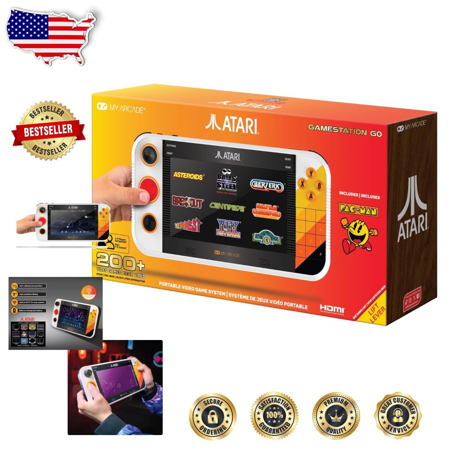 Atari Gamestation Go Portable Retro Console, 200+ Games, 7″ Display, HDMI WiFi