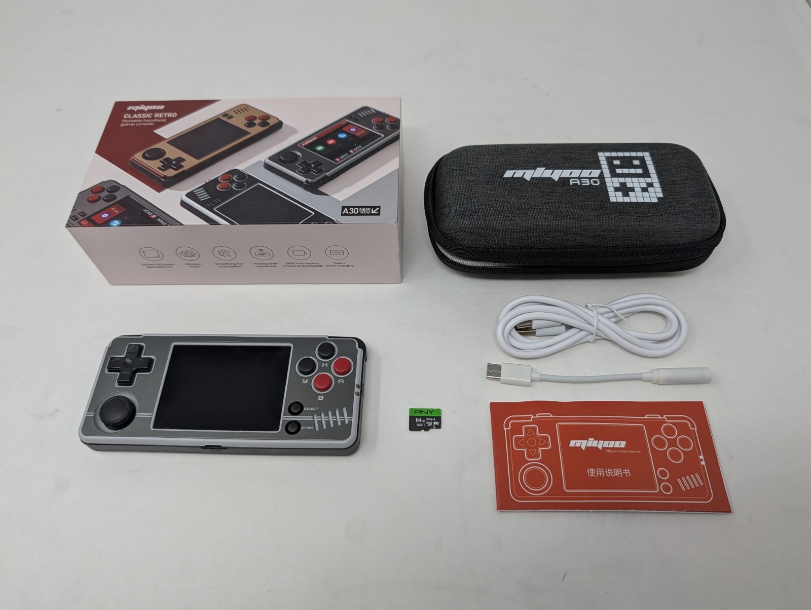 Miyoo A30 Retro Gaming Handheld w/ Case, Cables, PNY 64GB SD Card & Spruce OS